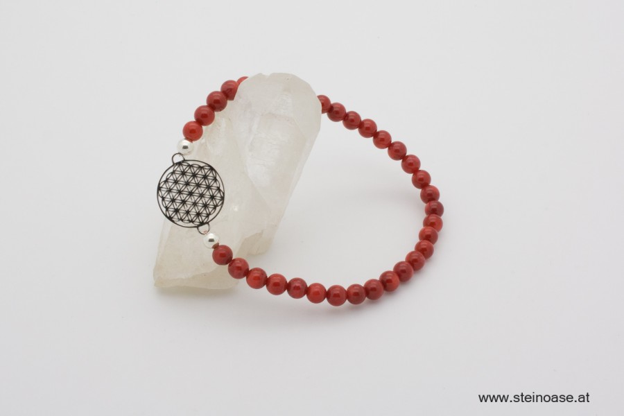 Armband Koralle + Blume des Lebens, Silber, 4mm